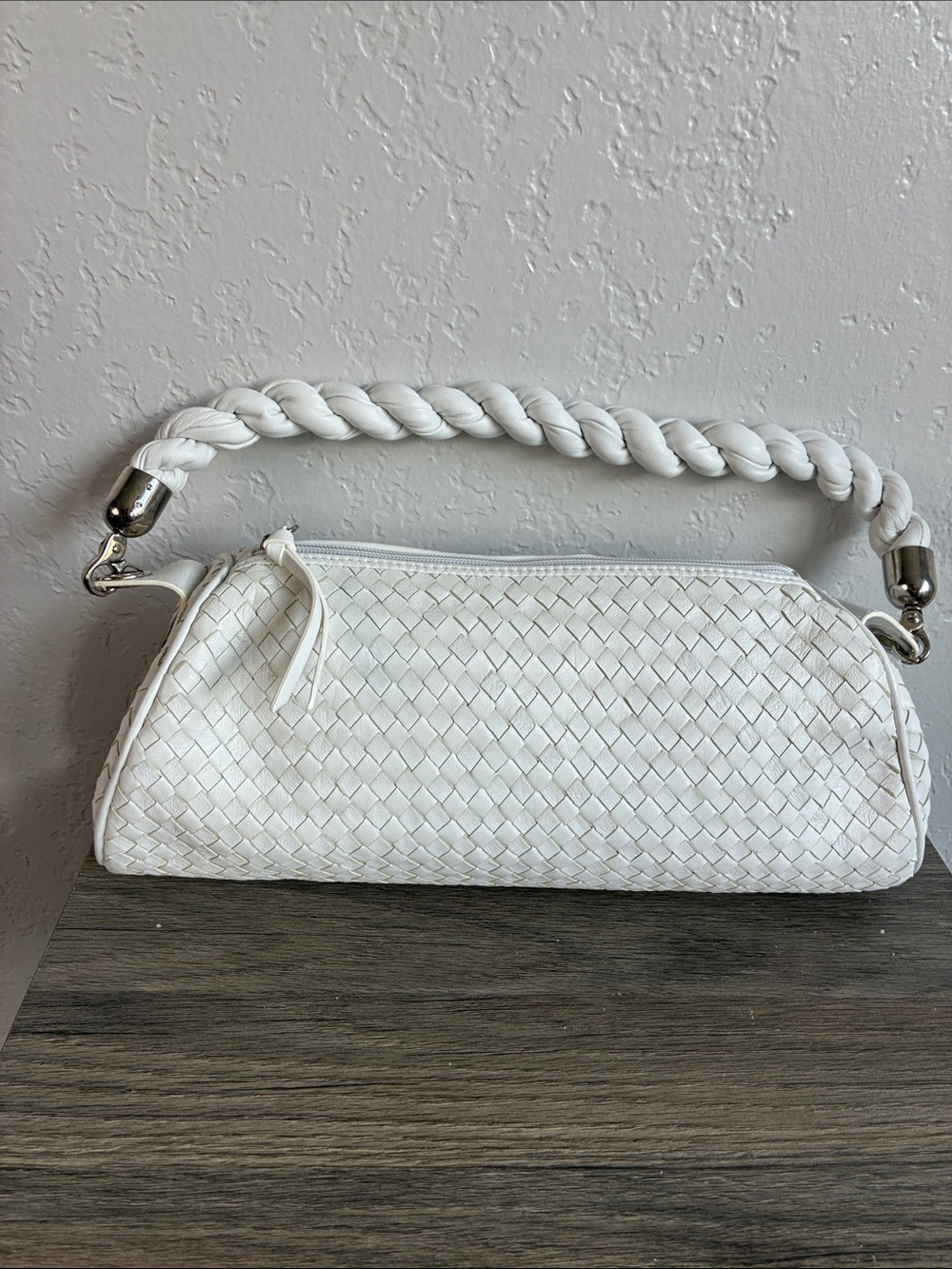 Ashneil Woven Leather White Shoulder Bag with Braided Handle